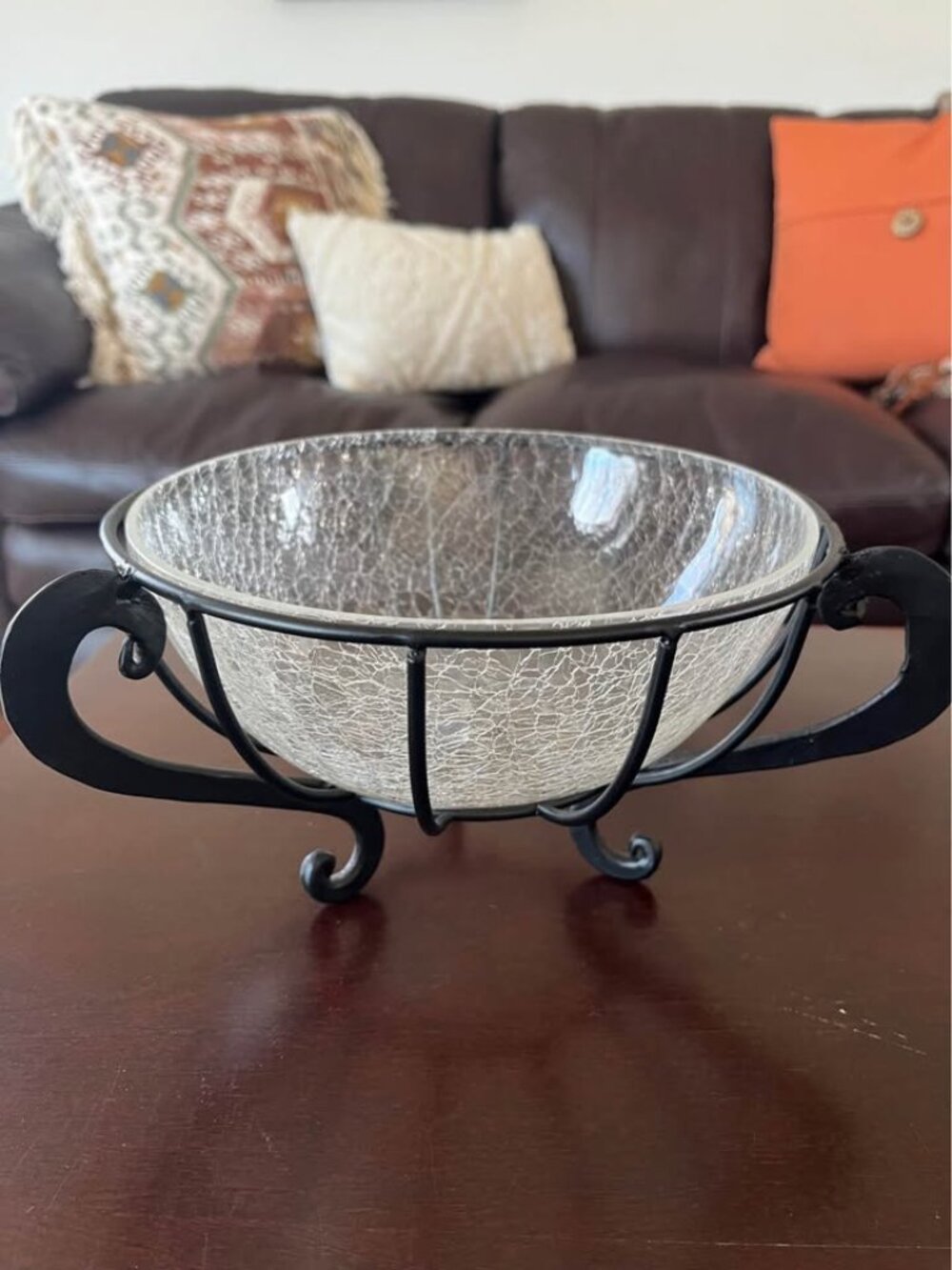 Vintage Crackle Glass Bowl With Black Metal Stand